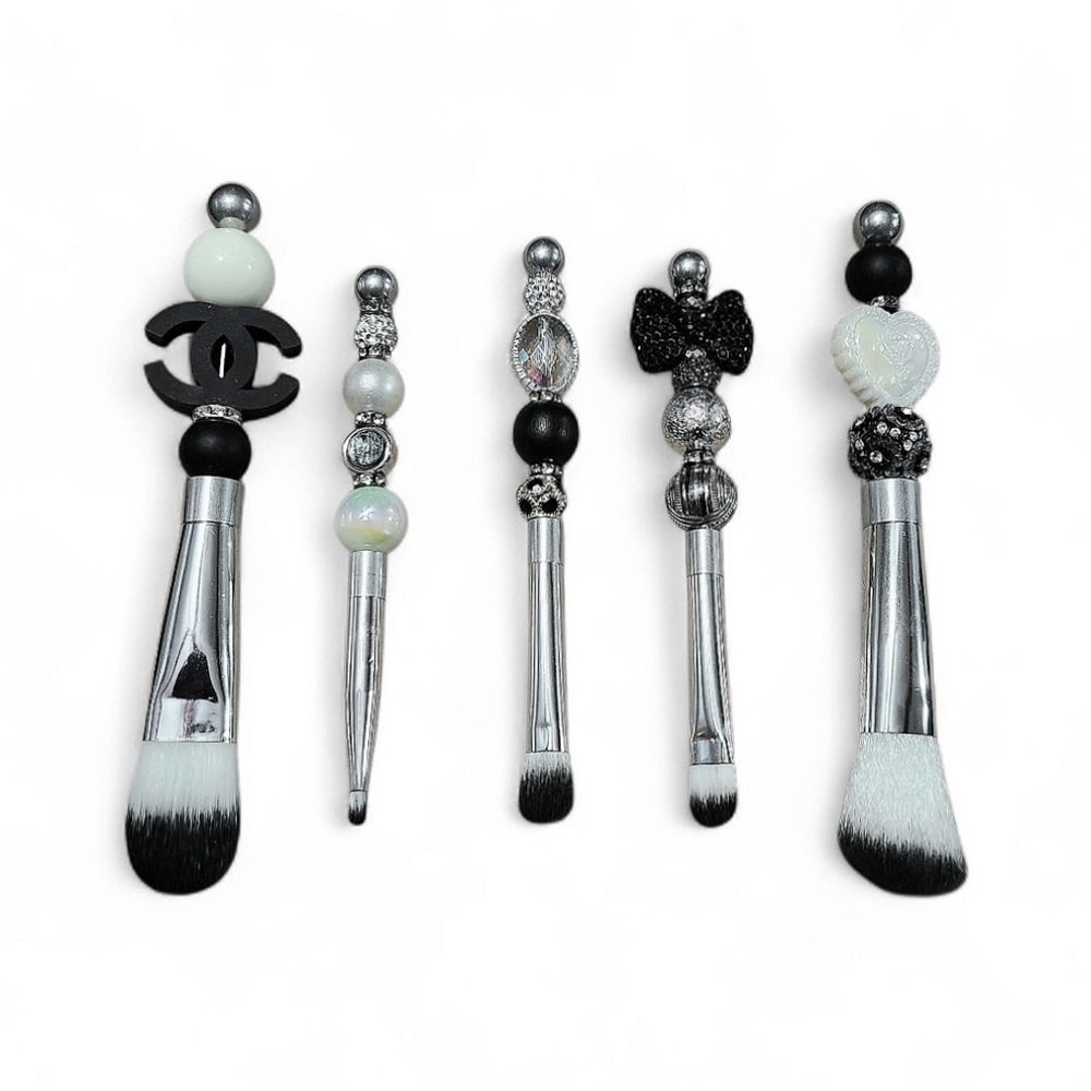 Fashion Beauty Makeup 5 Piece Brush Set Fancy Custom Beaded Black Silver